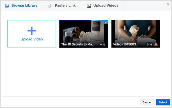 facebook create video ad select video